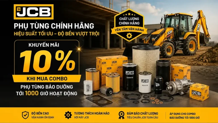 Bảo dưỡng máy JCB đúng chuẩn – tiết kiệm thật sự! JCB Hải Sơn đang ưu đãi giảm ngay 10% khi mua combo phụ tùng bảo dưỡng tới 1.000 giờ hoạt động. Toàn bộ phụ tùng JCB Genuine Parts chính hãng: độ bền cao, tương thích hoàn hảo với máy JCB, đảm bảo chất lượng theo tiêu chuẩn toàn cầu. Một lần mua – đủ linh kiện cho cả chu kỳ bảo dưỡng, không lo chờ hàng, không lo dừng máy.