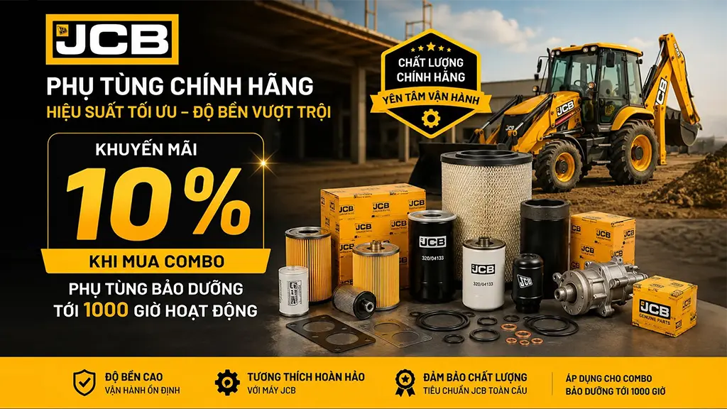 Bảo dưỡng máy JCB đúng chuẩn – tiết kiệm thật sự! JCB Hải Sơn đang ưu đãi giảm ngay 10% khi mua combo phụ tùng bảo dưỡng tới 1.000 giờ hoạt động. Toàn bộ phụ tùng JCB Genuine Parts chính hãng: độ bền cao, tương thích hoàn hảo với máy JCB, đảm bảo chất lượng theo tiêu chuẩn toàn cầu. Một lần mua – đủ linh kiện cho cả chu kỳ bảo dưỡng, không lo chờ hàng, không lo dừng máy.