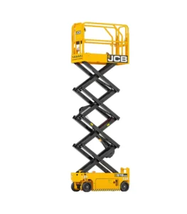 Thao tác gập gọn lan can sàn thao tác của xe nâng người cắt kéo 7m JCB S1930E bằng chốt lò xo, giúp xe hạ thấp chiều cao để chui qua các lối đi hẹp